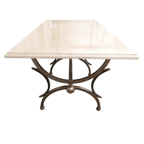 369 - A marble top forged steel dining table with eight dining chairs, 183 by 91 by 78cm.