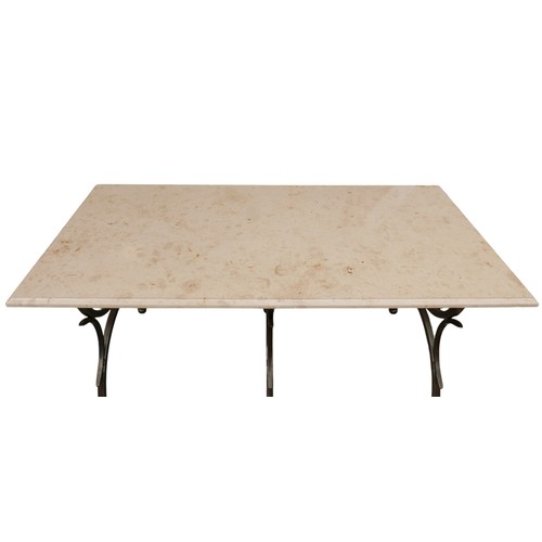 369 - A marble top forged steel dining table with eight dining chairs, 183 by 91 by 78cm.