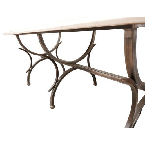 369 - A marble top forged steel dining table with eight dining chairs, 183 by 91 by 78cm.