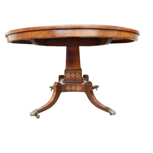 381 - A Regency brass inlaid rosewood breakfast table, on a square platform base, and out-swept legs termi... 