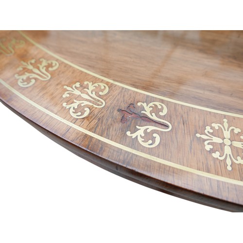 381 - A Regency brass inlaid rosewood breakfast table, on a square platform base, and out-swept legs termi... 