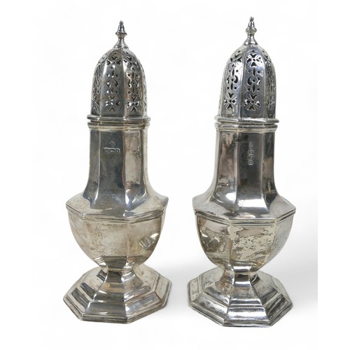 119 - Two Victorian silver sugar sifters, pierced with octagonal base, one Sheffield 1999 marked HA for He... 