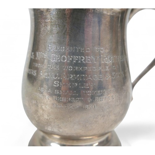 124 - Two silver presentation tankards, one Birmingham 1937, maker JG Ltd for Joseph Gloster Ltd, 6.8 ozt,... 