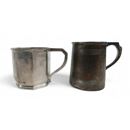 120 - Two silver tankards; one Victorian London 1861, makers mark CFGE possibly Charles Edwards, 4.6toz, 8... 