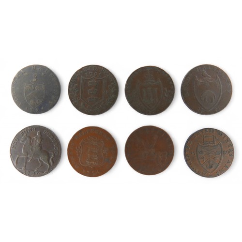 15 - Eight George III British Trade Tokens / coins comprising: 1791 Hull Copper halfpenny token with moun... 