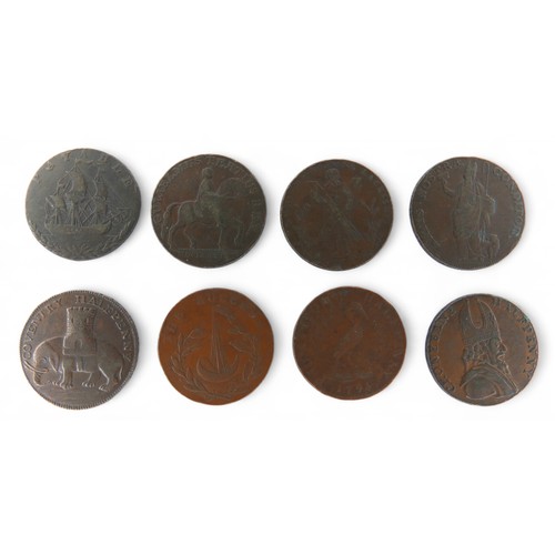 15 - Eight George III British Trade Tokens / coins comprising: 1791 Hull Copper halfpenny token with moun... 