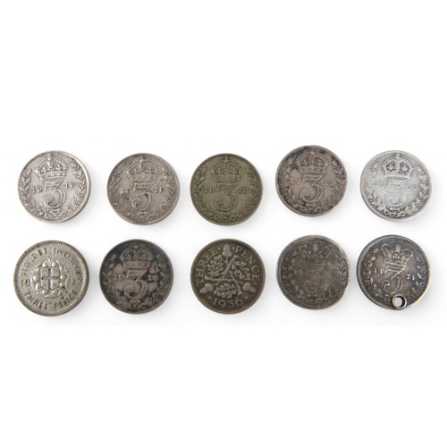 27 - British silver Coins: Ten silver three pence (3d joeys) comprising one William IV (date indisctinct)... 