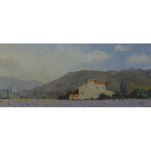 326 - Gareth Thomas (Welsh 1955 - 2019), watercolour and pastel of a French Provencal landscape with laven... 