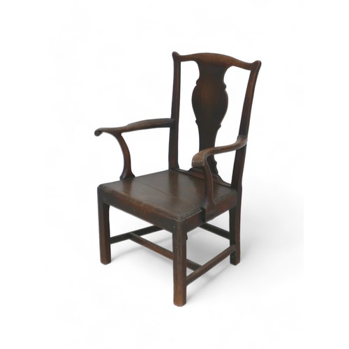 345 - A George ll ash and elm scroll arm open armchair with solid seat, 71 by 46 by 101cm tall.