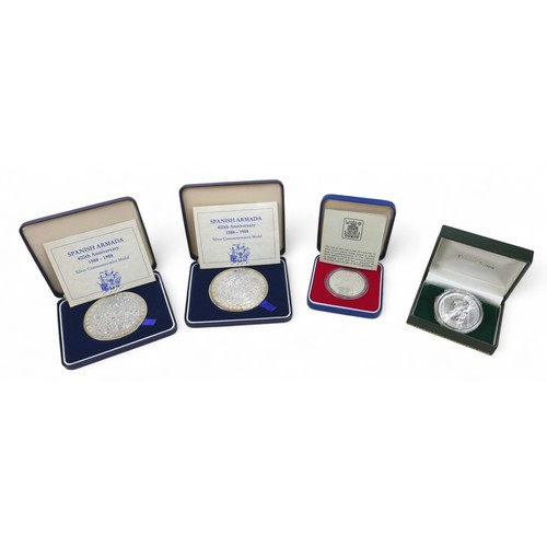 28 - Two silver Spanish Armada 400th anniversary medals and two silver coins, medals weigh 156g each. (4)