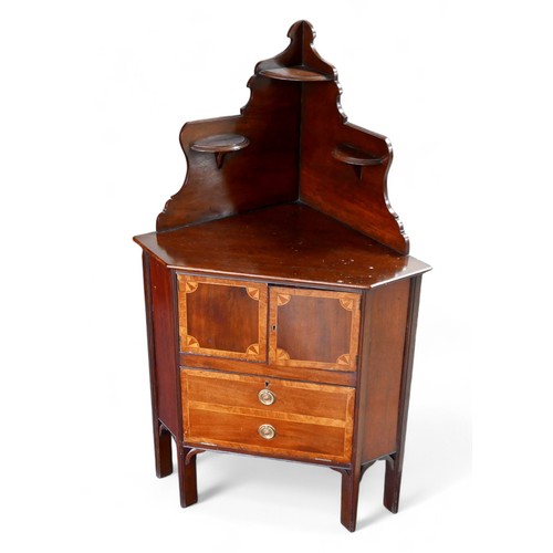 362 - A mahogany and satinwood inlaid corner stand, 67.5 by 45 by 113cm high.