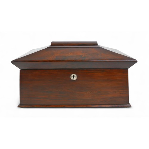 284 - A 19th century rosewood sarcophagus shaped tea caddy, 34 by 18 by 20cm high.