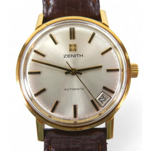 155 - A Zenith 18ct yellow gold Zenith automatic gents date wristwatch, 33mm case, no 30-0291-380, on a le... 