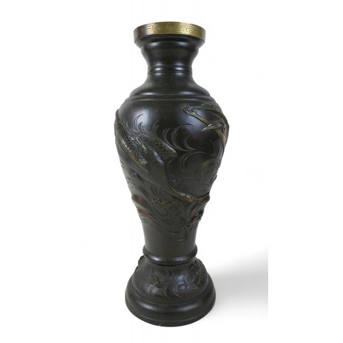 176 - A Japanese patinated bronze narrow-necked vase, circa 1900, relief moulded heron and bird design, 22... 