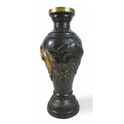 176 - A Japanese patinated bronze narrow-necked vase, circa 1900, relief moulded heron and bird design, 22... 