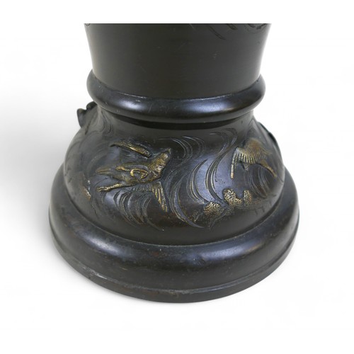 176 - A Japanese patinated bronze narrow-necked vase, circa 1900, relief moulded heron and bird design, 22... 