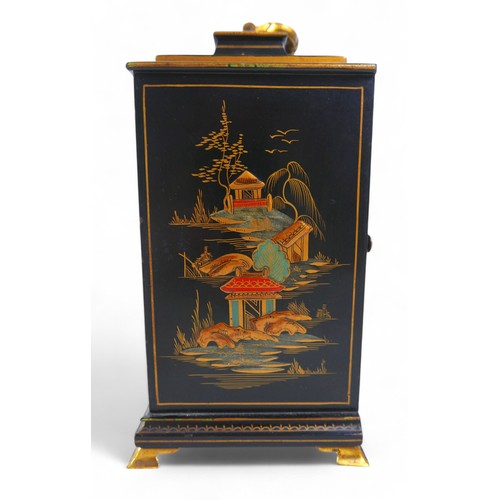 277 - Two chinoiserie lacquered mantel clocks, one signed Walker and Hall both with  French movements, lar... 