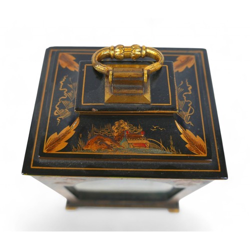 277 - Two chinoiserie lacquered mantel clocks, one signed Walker and Hall both with  French movements, lar... 