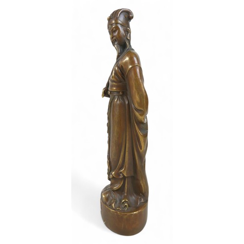 168 - A Chinese bronze figure, 7 by 6 by 25cm high.