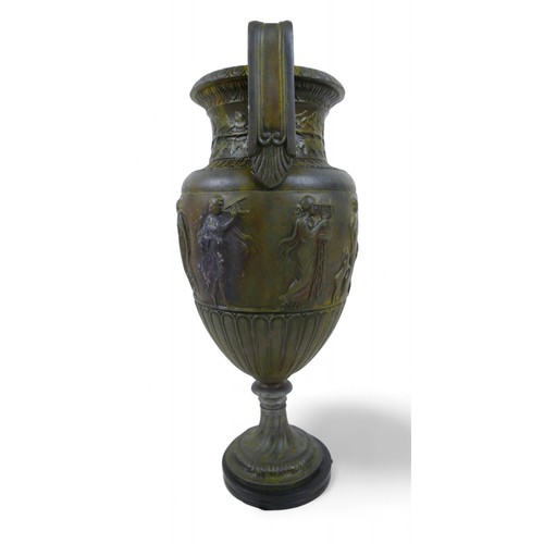 301 - A bronze effect classical style urn, 17 by 13 by 38cm.