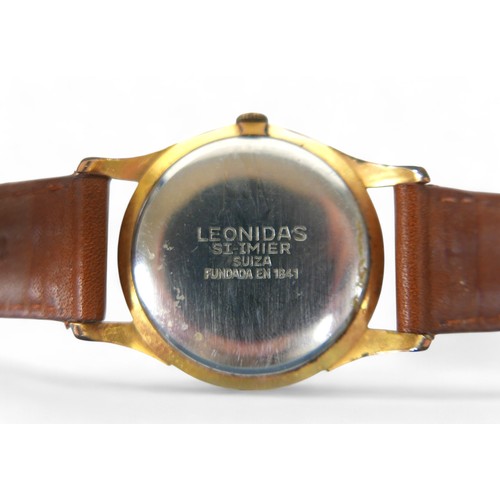 146 - A Leonidas gents manual wind gents wrist watch, on leather strap, 33mm case with secondary dial.