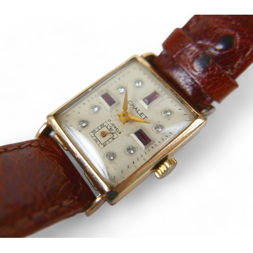 154 - A 14ct yellow gold Chalet wristwatch, with 21mm case, bejewelled dial and 17 jewel manual wind movem... 