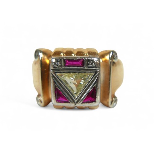 58 - A 14ct yellow gold diamond and ruby Art Deco style ring, size S, head size 9 by 9mm, 6.4g.