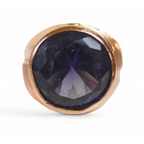 61 - An 18ct Egyptian yellow gold amethyst ring, size T, stone size approximately 12mm diameter by 7mm de... 