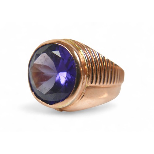 61 - An 18ct Egyptian yellow gold amethyst ring, size T, stone size approximately 12mm diameter by 7mm de... 