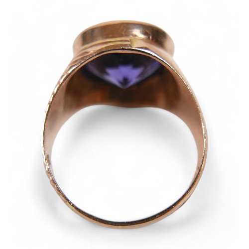 61 - An 18ct Egyptian yellow gold amethyst ring, size T, stone size approximately 12mm diameter by 7mm de... 