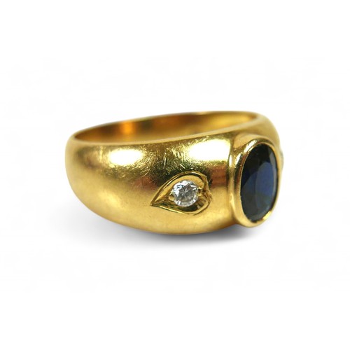 72 - An 18ct yellow gold diamond and sapphire three stone ring, size R, 7.1g.