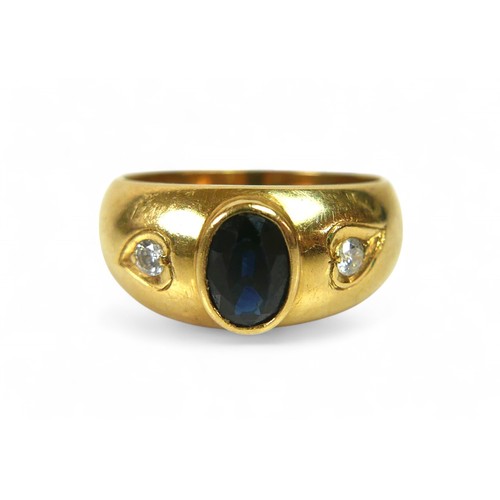 72 - An 18ct yellow gold diamond and sapphire three stone ring, size R, 7.1g.