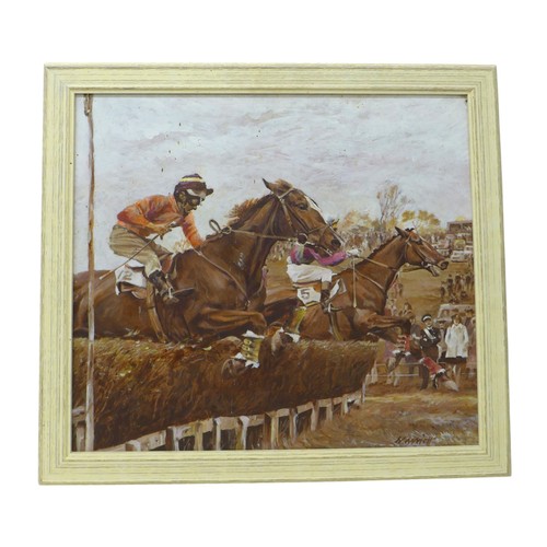 323 - Marriot (20th century) oil on board horse racing scene, frame size 64 by 2 by 59cm.