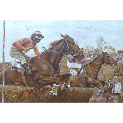 323 - Marriot (20th century) oil on board horse racing scene, frame size 64 by 2 by 59cm.