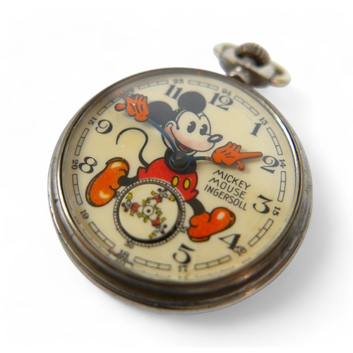 139 - Ingersoll a  'Mickey Mouse' automation chrome cased pocket watch, 50mm case, top wind, running.