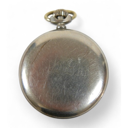 139 - Ingersoll a  'Mickey Mouse' automation chrome cased pocket watch, 50mm case, top wind, running.