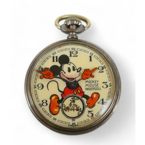 139 - Ingersoll a  'Mickey Mouse' automation chrome cased pocket watch, 50mm case, top wind, running.