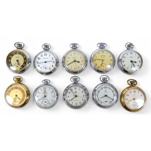 145 - Ten top wind pocket watches, including Services, Smiths, Ingersoll, most 50mm cases. (10)