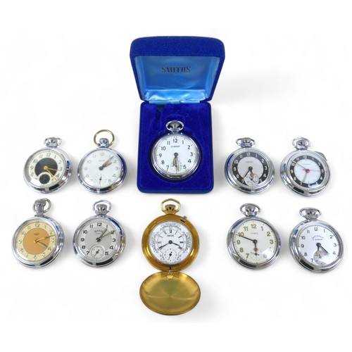 142 - Ten assorted top wind pocket watches, including Ingersoll, Smiths, Services. (10)