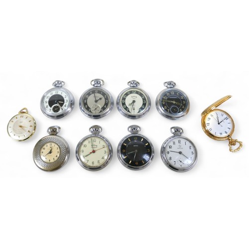 143 - Ten assorted top wind pocket watches, Ingersoll, Services, Smiths, most 50mm cases. (10)