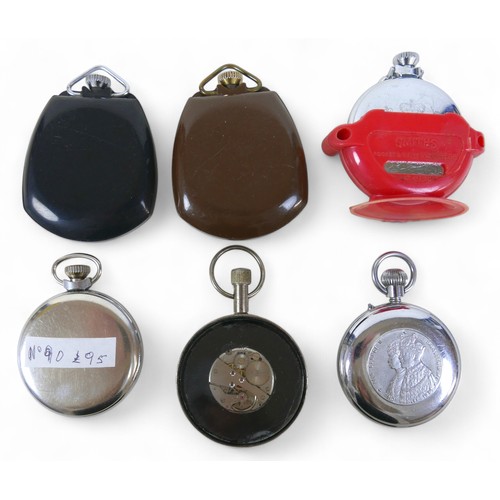 144 - Six top wind pocket watches, comprising three novelty watches, a Services Jubilee and two plastic Sm... 