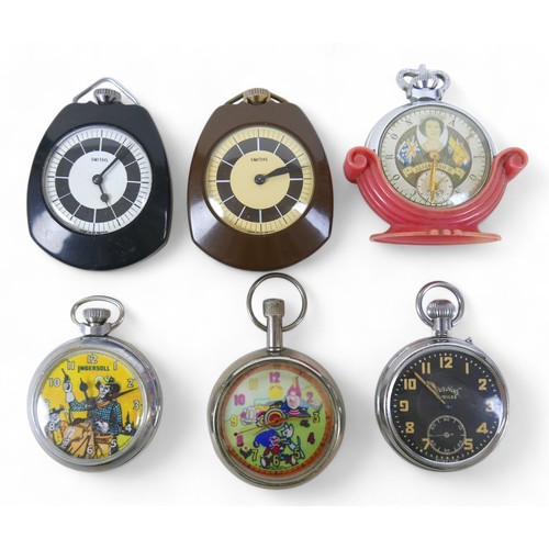 144 - Six top wind pocket watches, comprising three novelty watches, a Services Jubilee and two plastic Sm... 