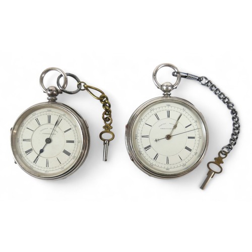 151 - Two silver centre seconds chronograph pocket watches, key wind 58mm cases. (2)