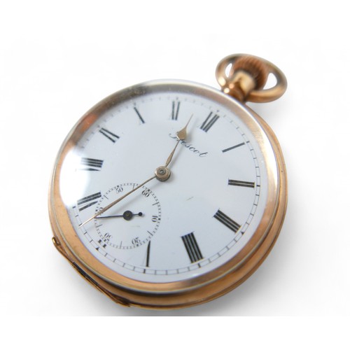 136 - A gold plated Prescot top wind pocket watch, enamel secondary dial, 50mm case, running.