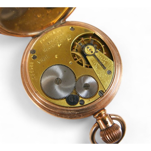 136 - A gold plated Prescot top wind pocket watch, enamel secondary dial, 50mm case, running.