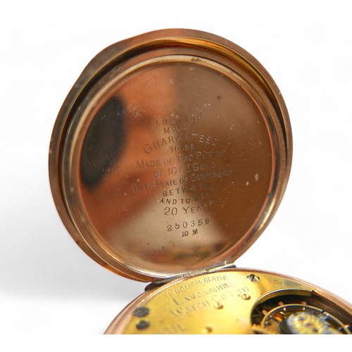 136 - A gold plated Prescot top wind pocket watch, enamel secondary dial, 50mm case, running.