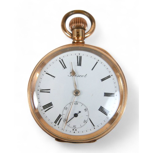 136 - A gold plated Prescot top wind pocket watch, enamel secondary dial, 50mm case, running.