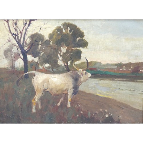 327 - Bela Juszko (Hungarian, 1877-1969): 'Beaten Bull' oil on canvas, signed and titled verso, 58 by 78cm... 