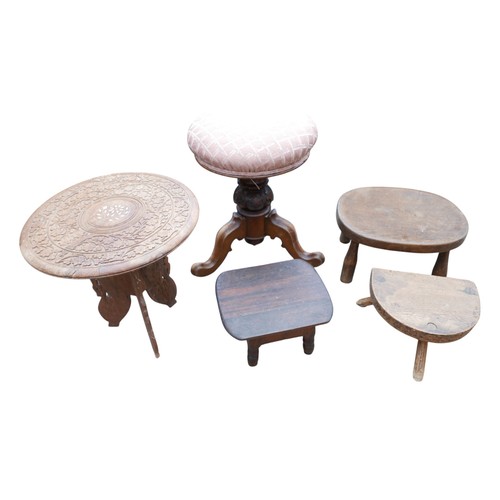 349 - Group of five wooden stools, one upholstered, and a farm carrying yoke.(6)