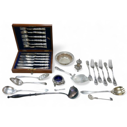 131 - A collection of continental silver 800 and 830, and other silver, including a part cruet plated ladl... 